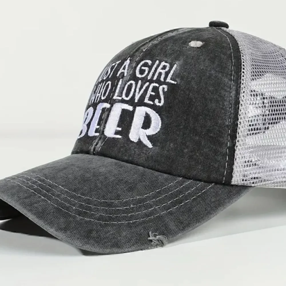 Trendy Baseball Cap Girl Who Loves Beer Washed Distressed Trucker Ball Game New